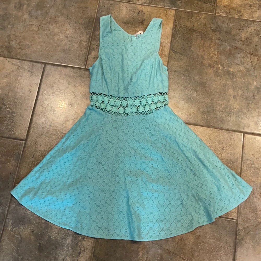 turquoise, lace, cutout dress